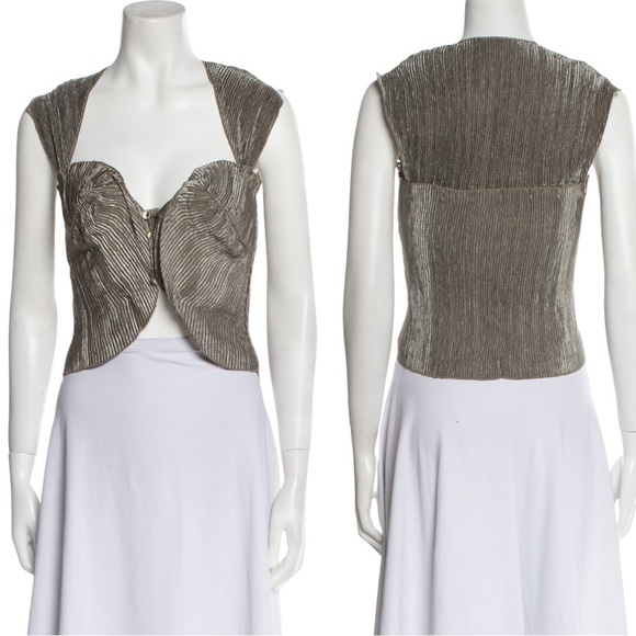 Cult Gaia Milli Satin Structured Pleated Sweetheart Neckline Scalloped Crop Top - Picture 11 of 15